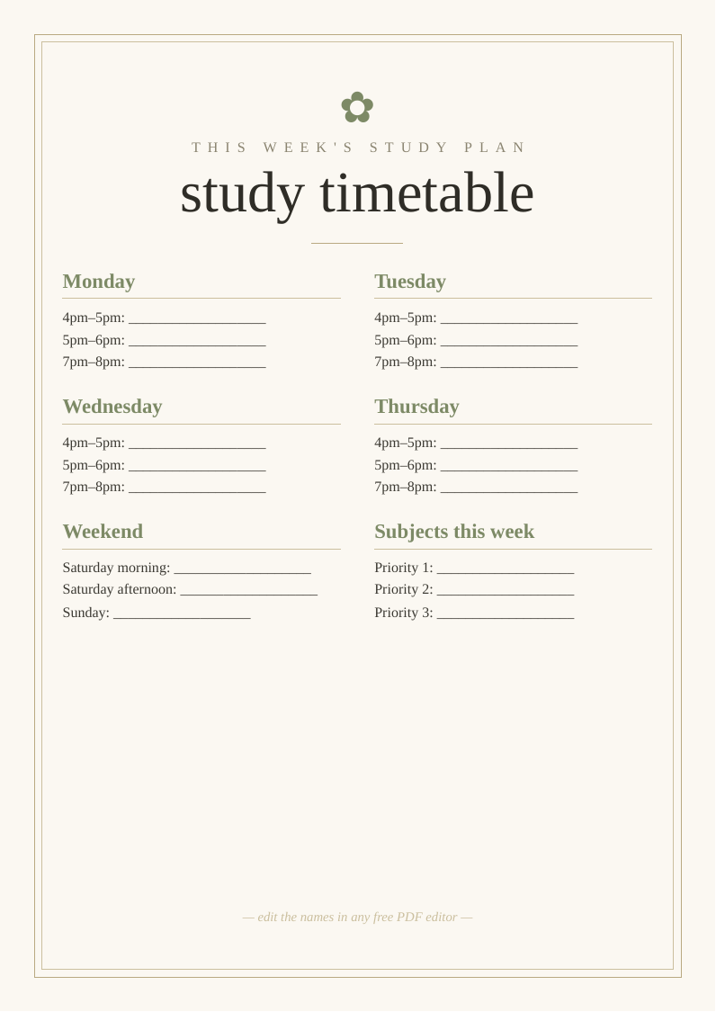 Study timetable printable template