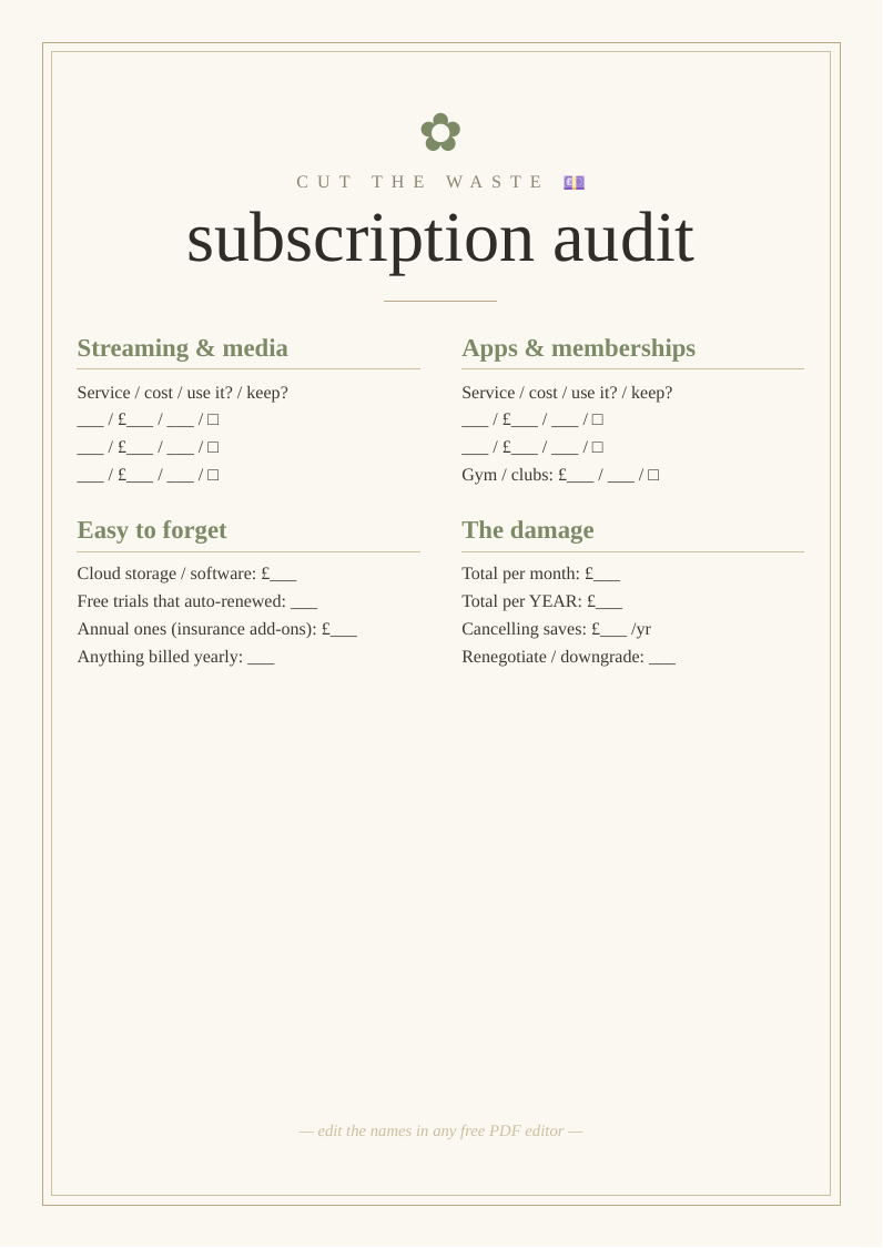 Subscription audit sheet
