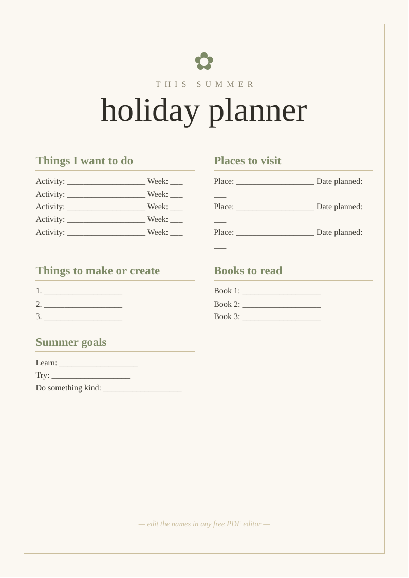 Summer holiday activity planner printable kids