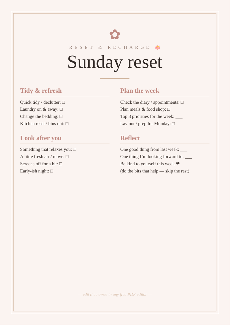 Sunday reset checklist