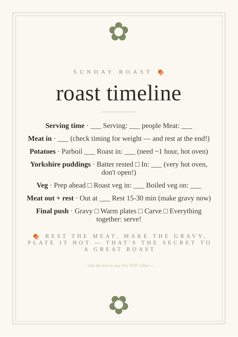 Sunday roast cooking planner