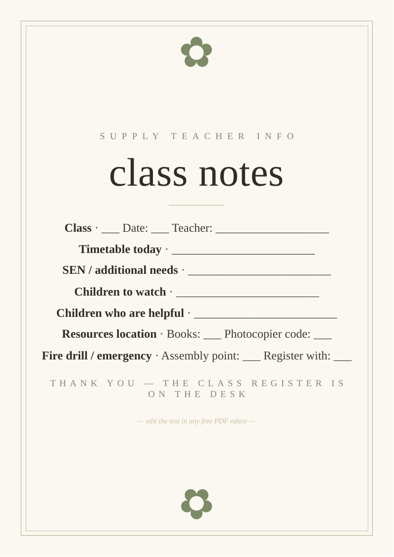 Supply teacher class notes