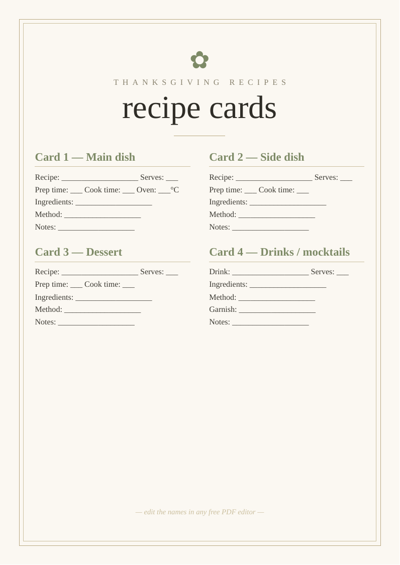 Thanksgiving recipe cards