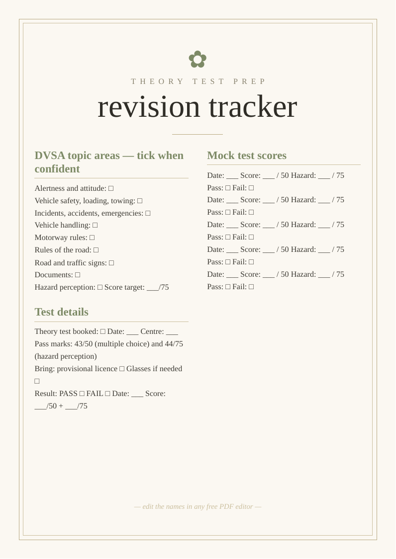 Theory test revision tracker