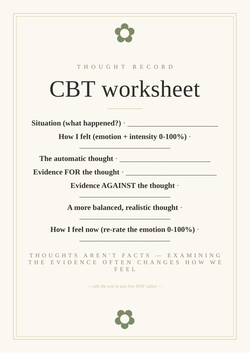 CBT thought record worksheet printable unhelpful thought evidence for against balanced view core technique challenging anxious negative thinking