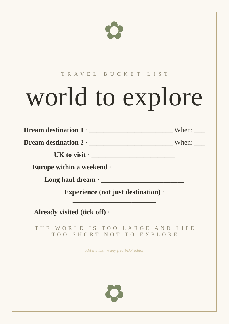 Travel bucket list planner printable destinations experiences world