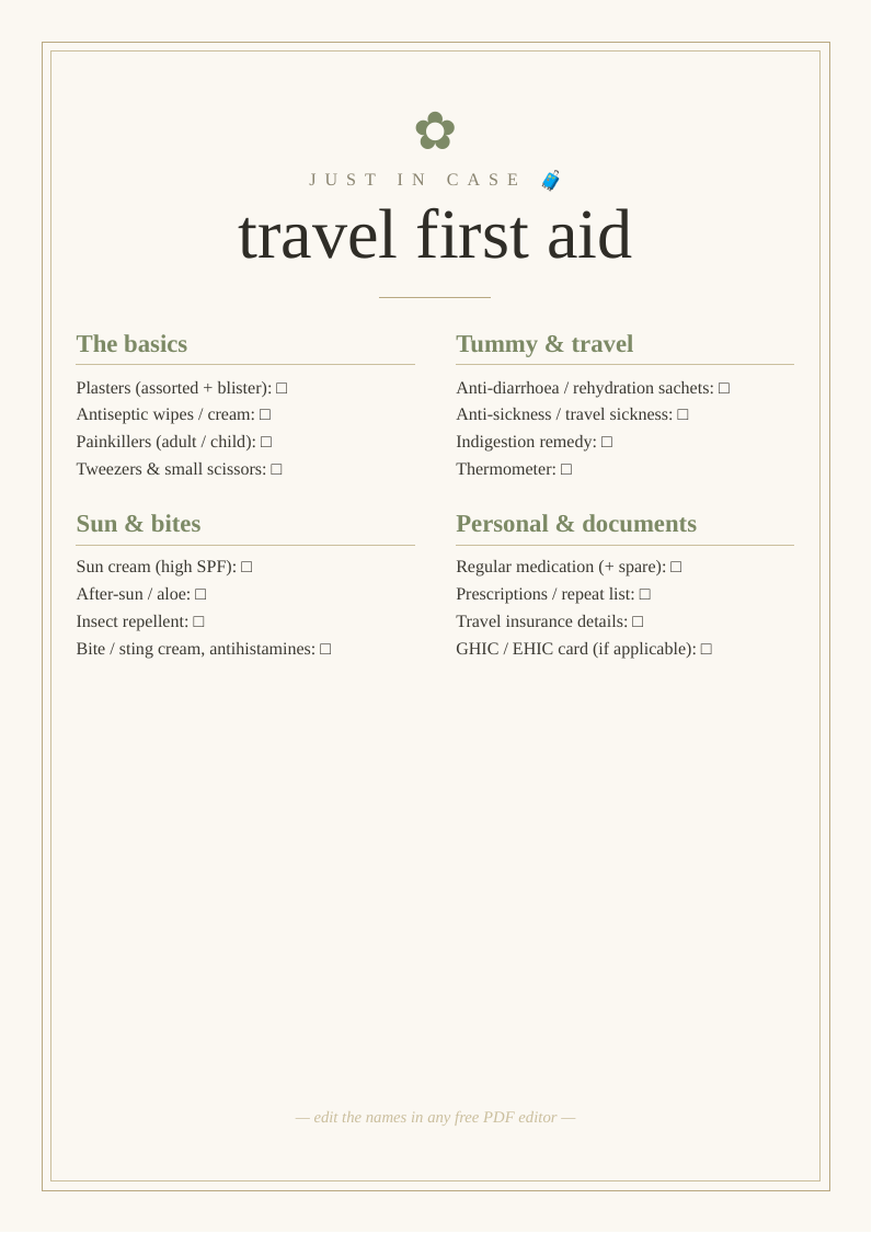 Travel first aid checklist printable kit list holiday basics plasters painkillers upset tummies bites sorted before go abroad family medical travel pack