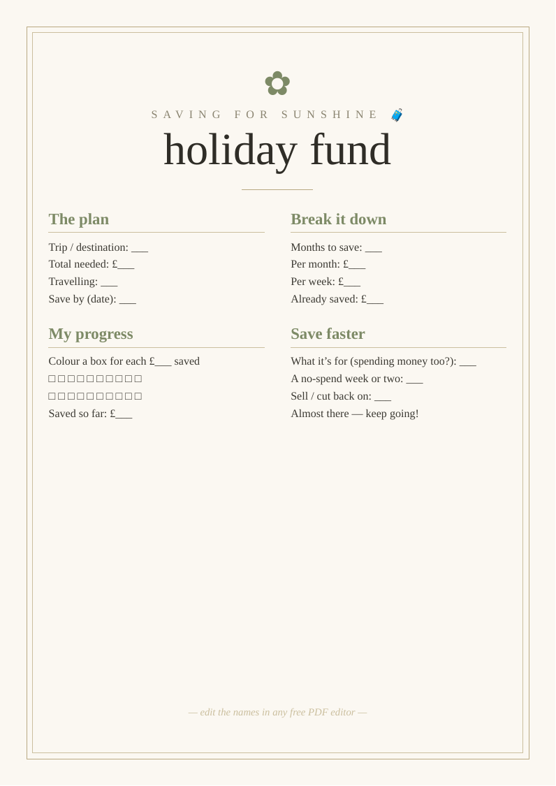 Holiday savings tracker printable trip fund chart set total monthly amounts colour progress big getaway paid before pack travel money saving budget abroad