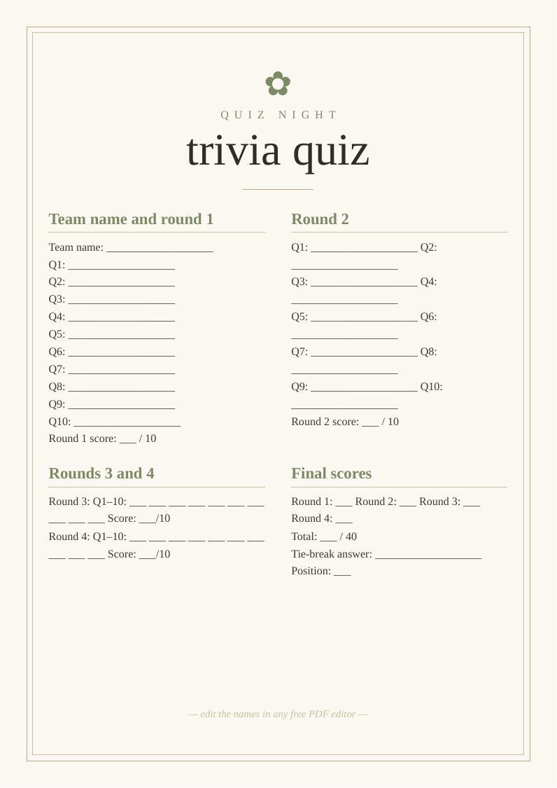 Trivia quiz answer sheet printable parties