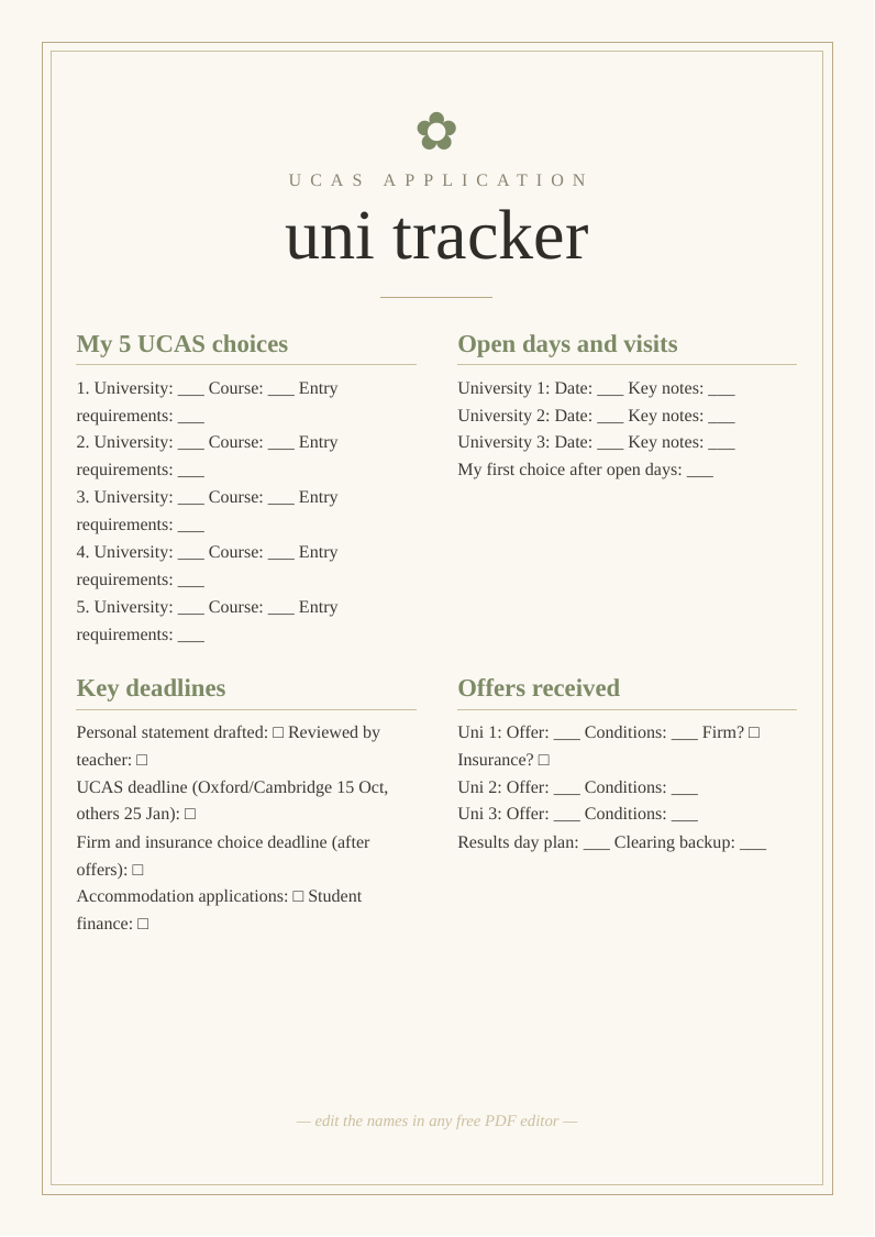 UCAS university application tracker printable Year 12 13 choices deadlines personal