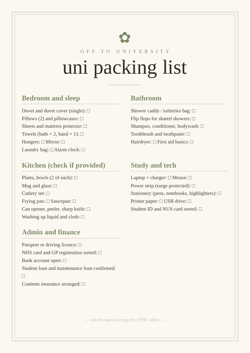 University packing list printable freshers halls