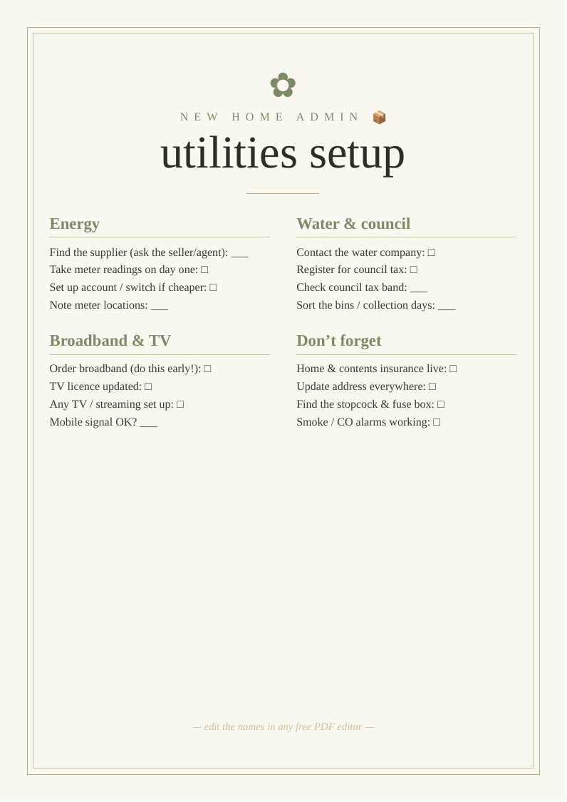 Utilities setup checklist