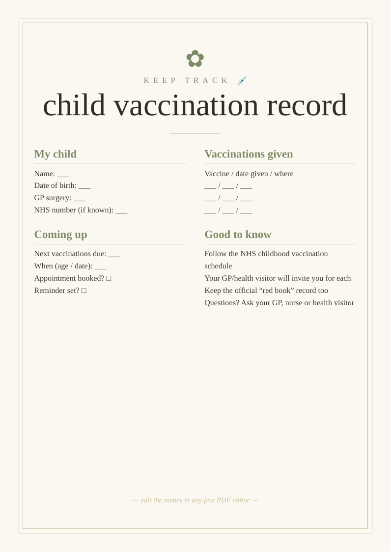 Child's vaccination record