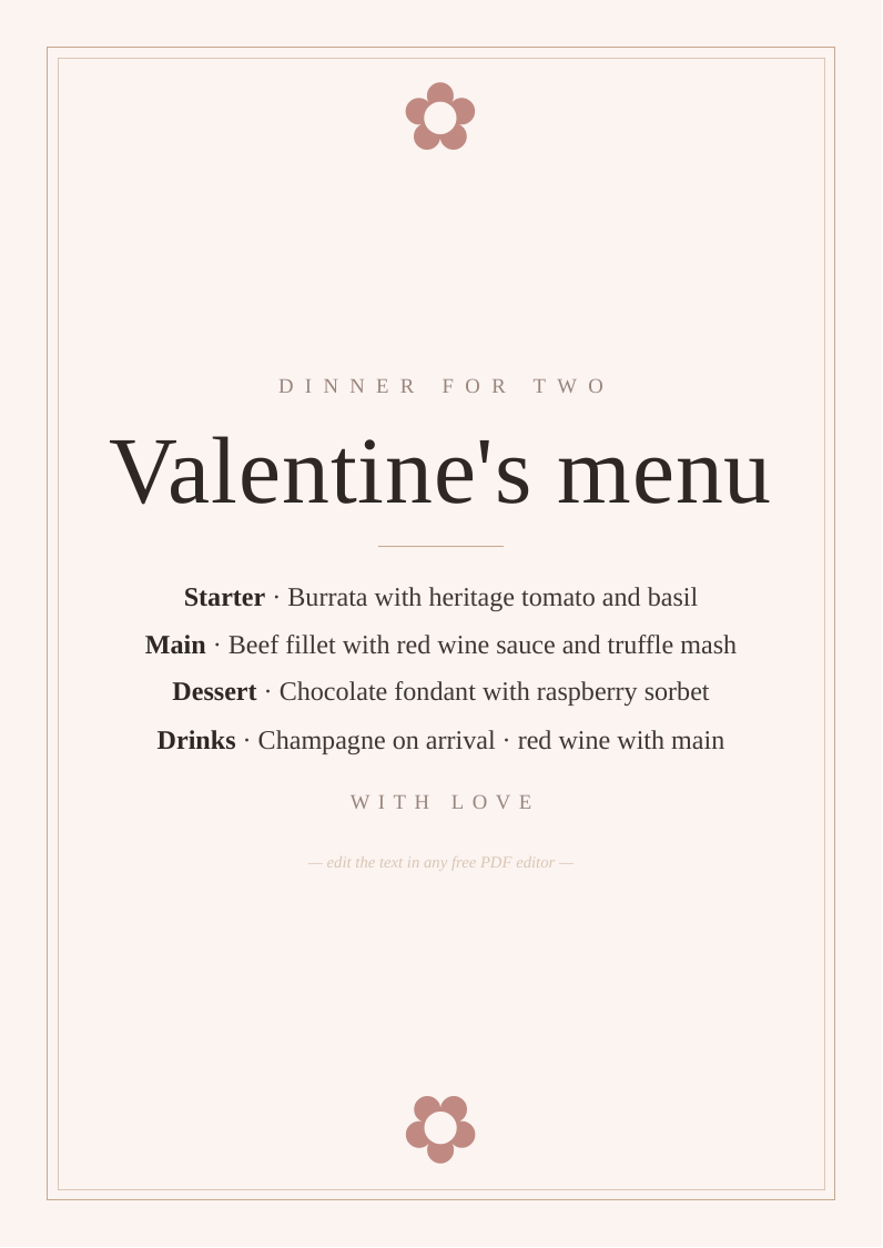 Valentine's dinner menu