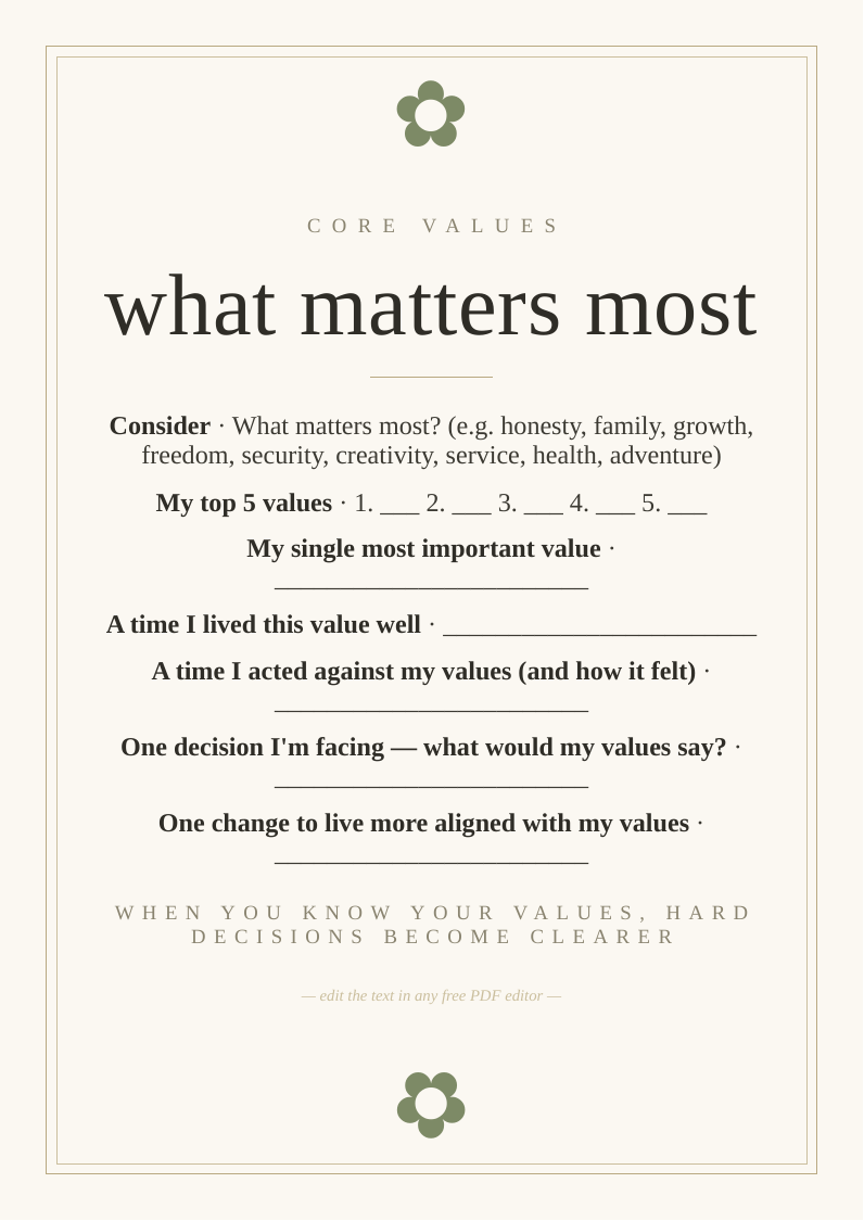 Personal core values worksheet