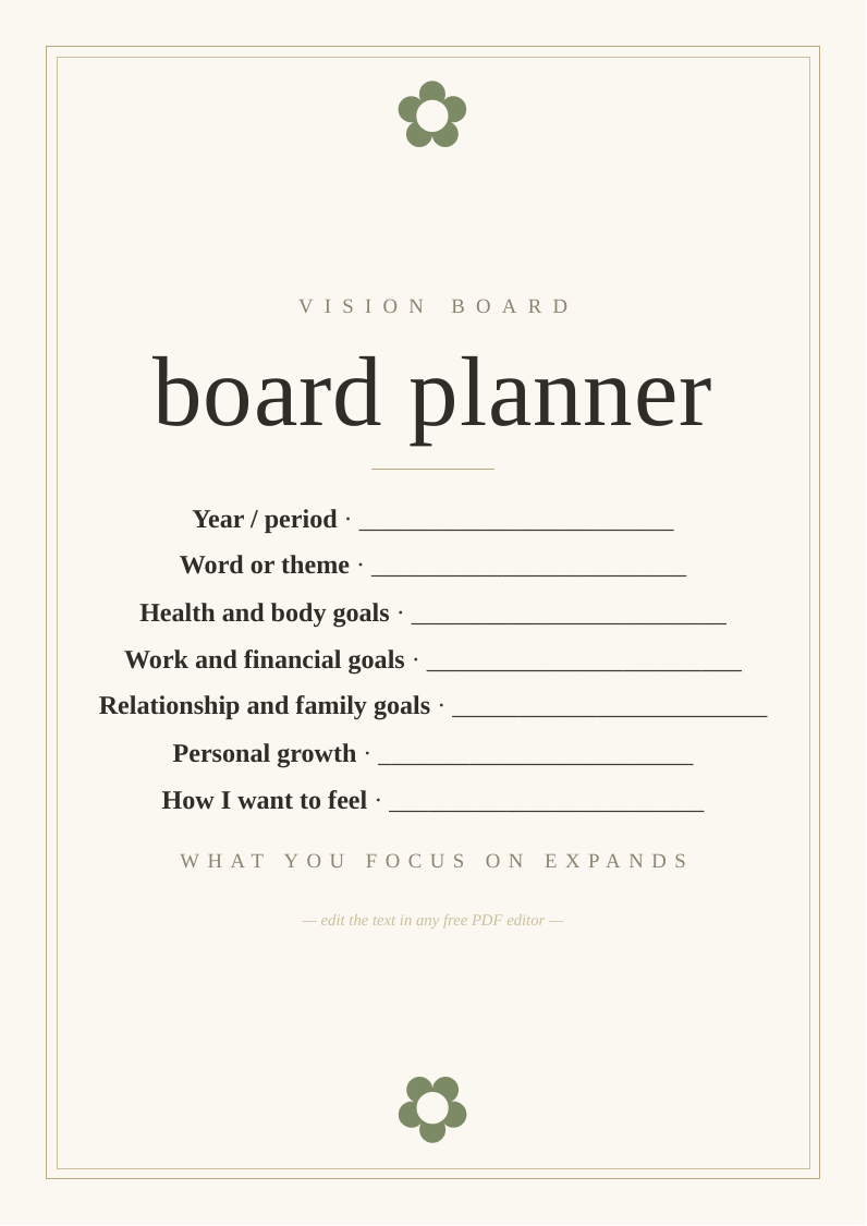 Vision board planning sheet
