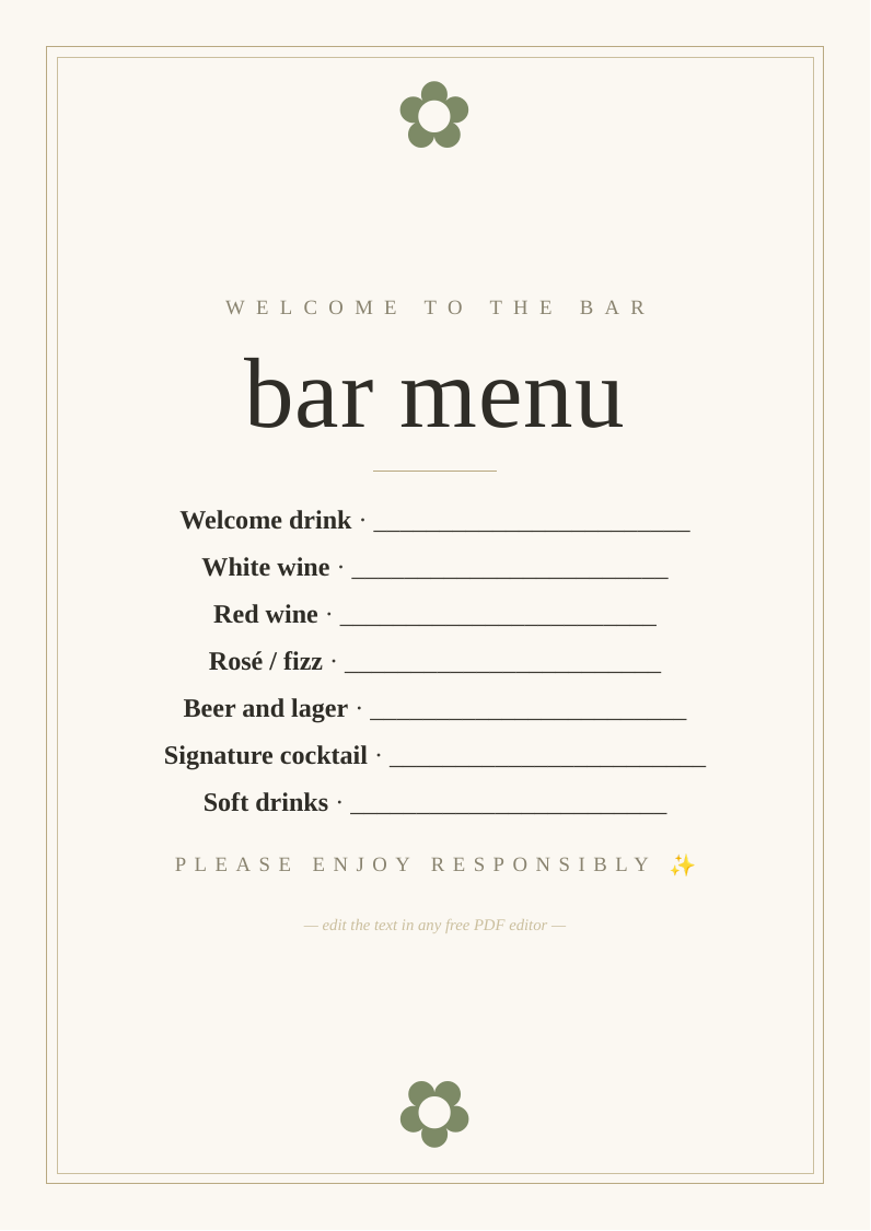 Wedding bar menu sign