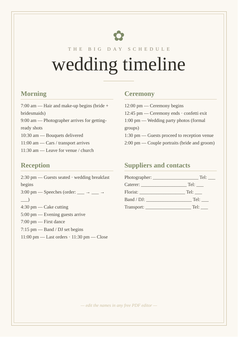 Wedding day timeline schedule printable template