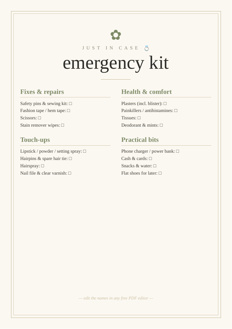 Wedding day emergency kit list