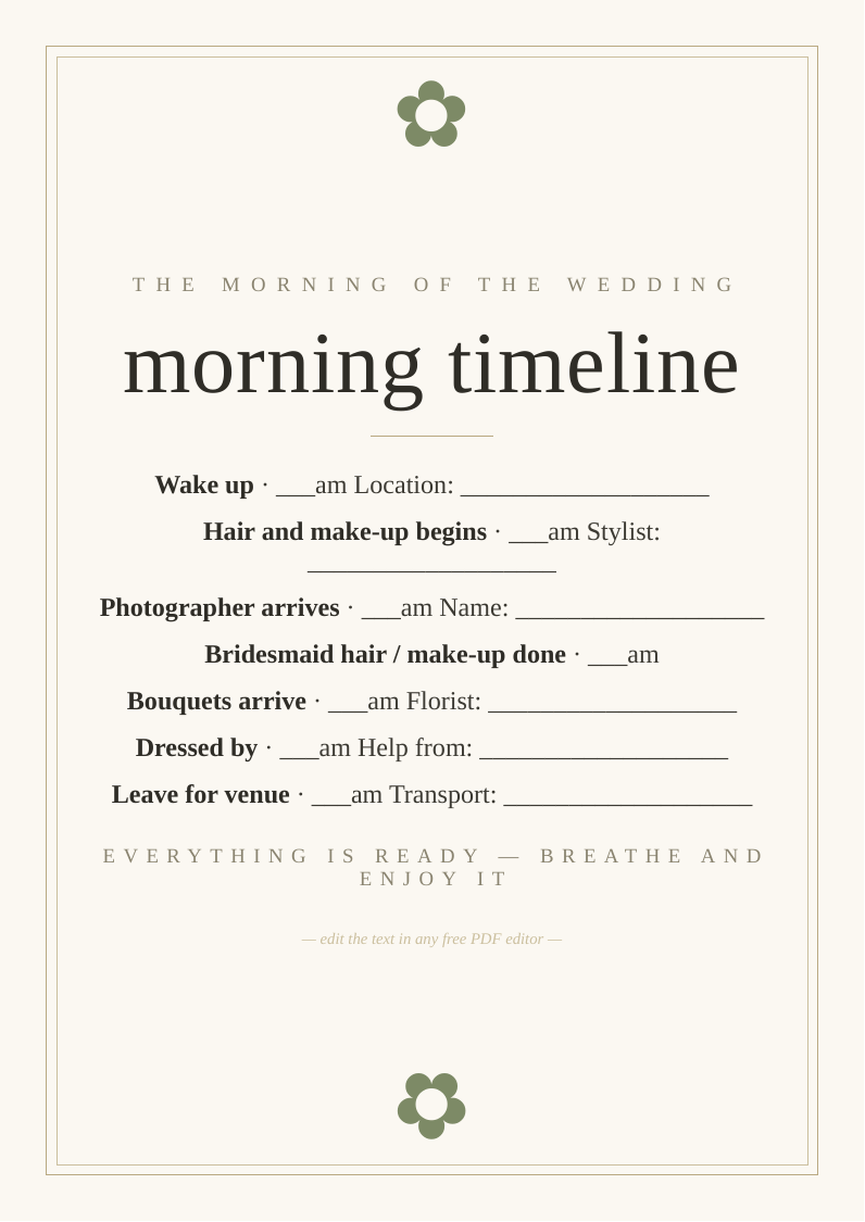 Wedding morning timeline notes