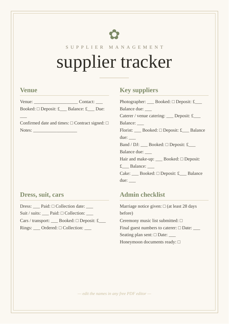 Wedding supplier tracker