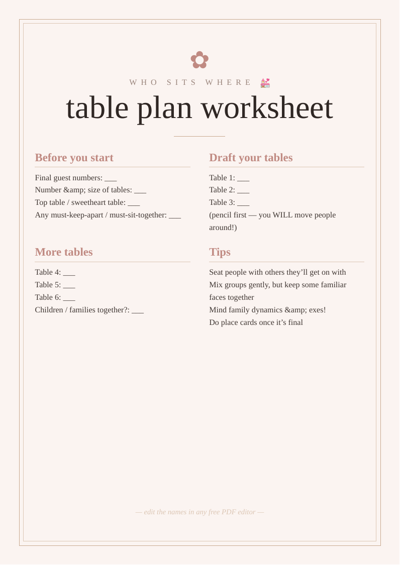 Wedding table plan worksheet