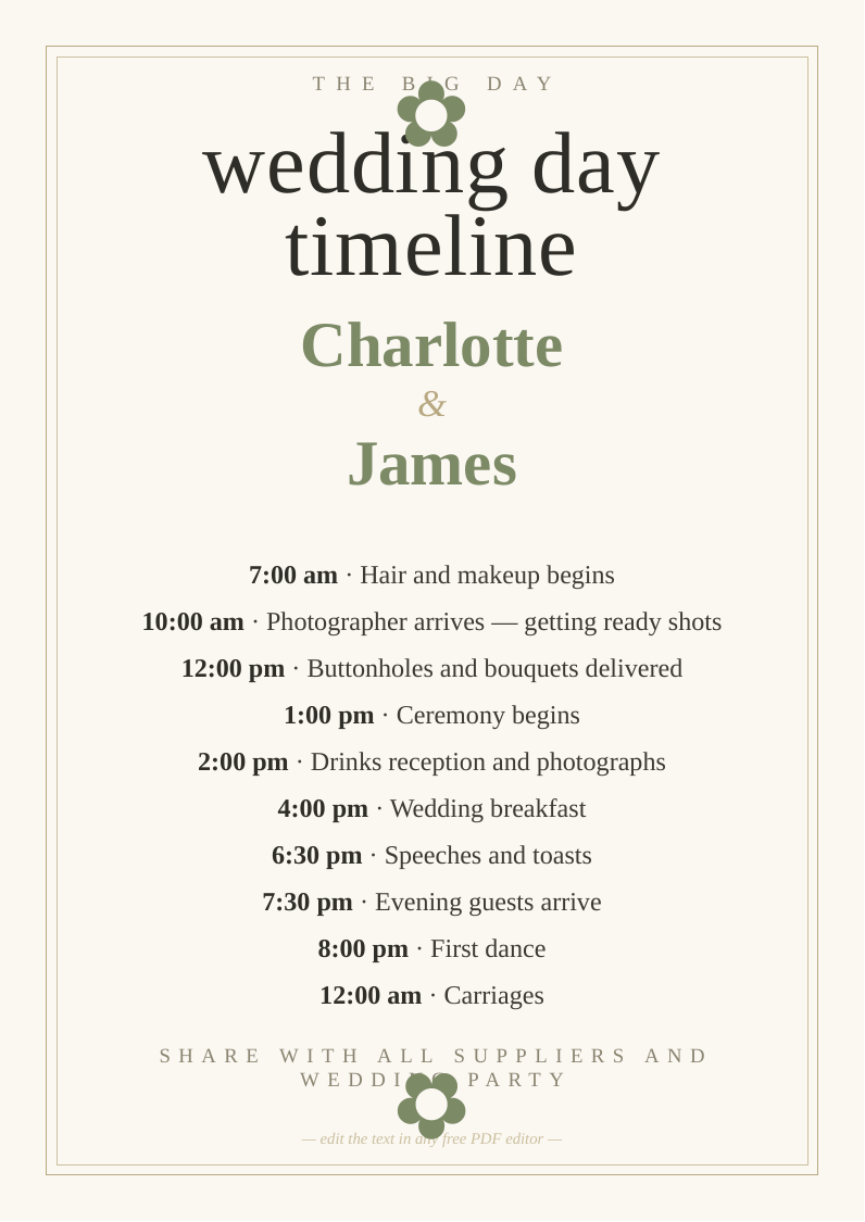 Wedding day timeline printable