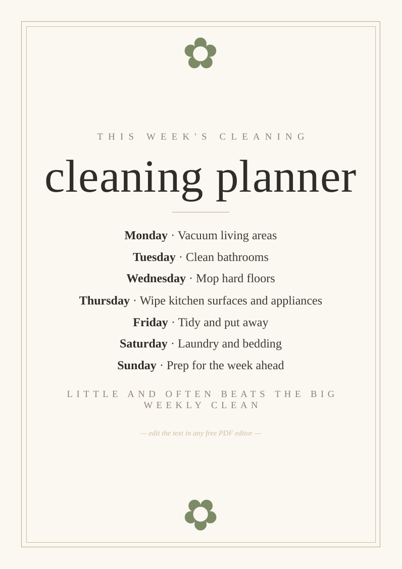 Weekly cleaning planner