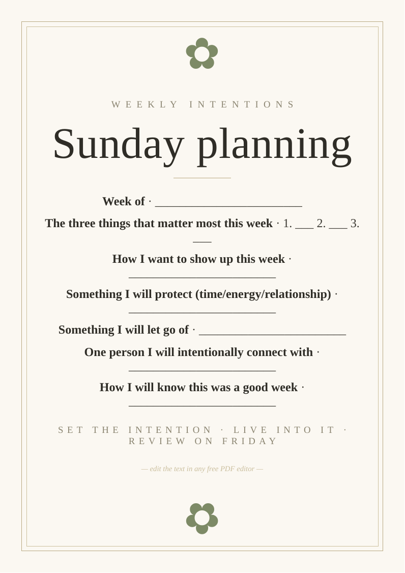 Sunday weekly intentions sheet