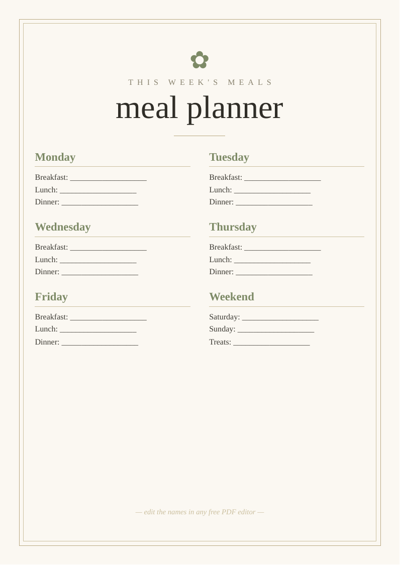 Weekly meal planner free printable