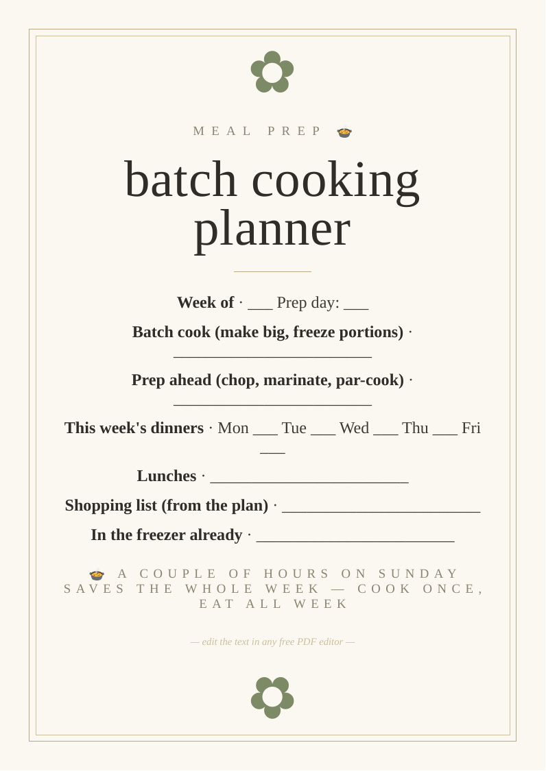 Weekly batch cooking planner