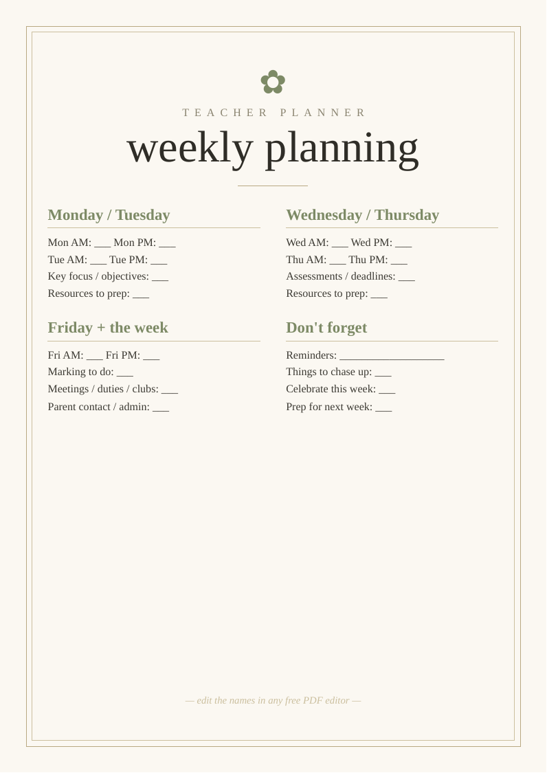 Teacher weekly planning sheet