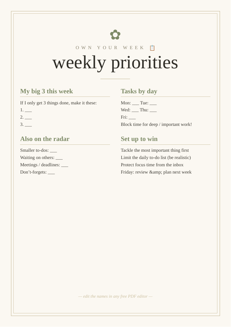 Weekly priorities planner