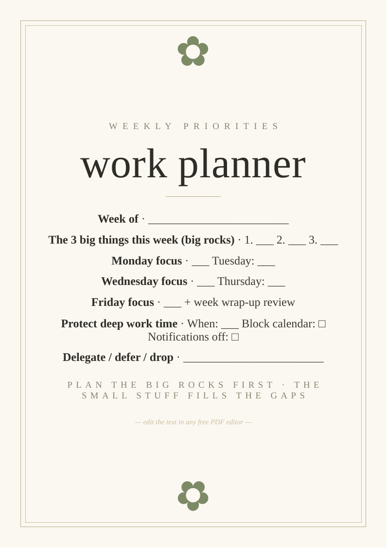 Weekly work priorities planner