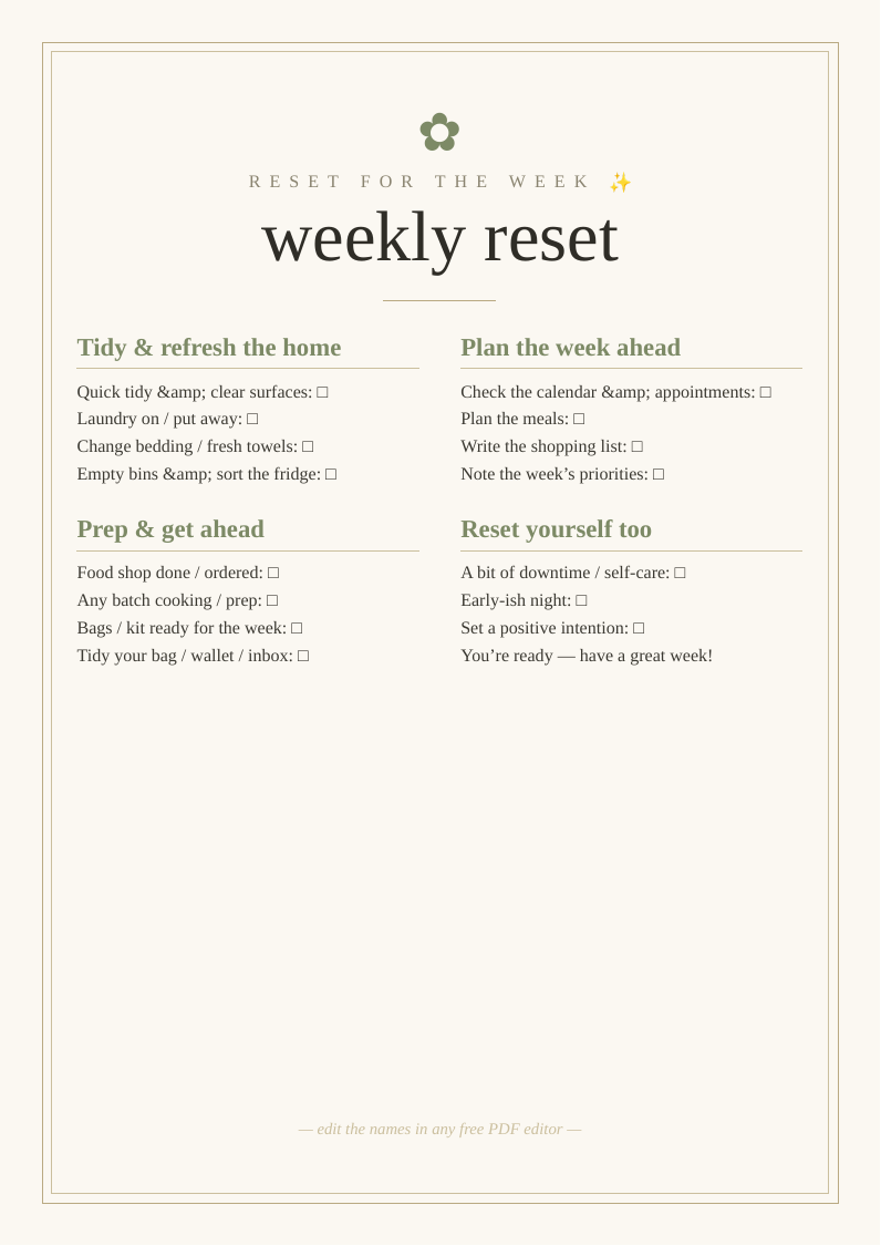Weekly reset checklist