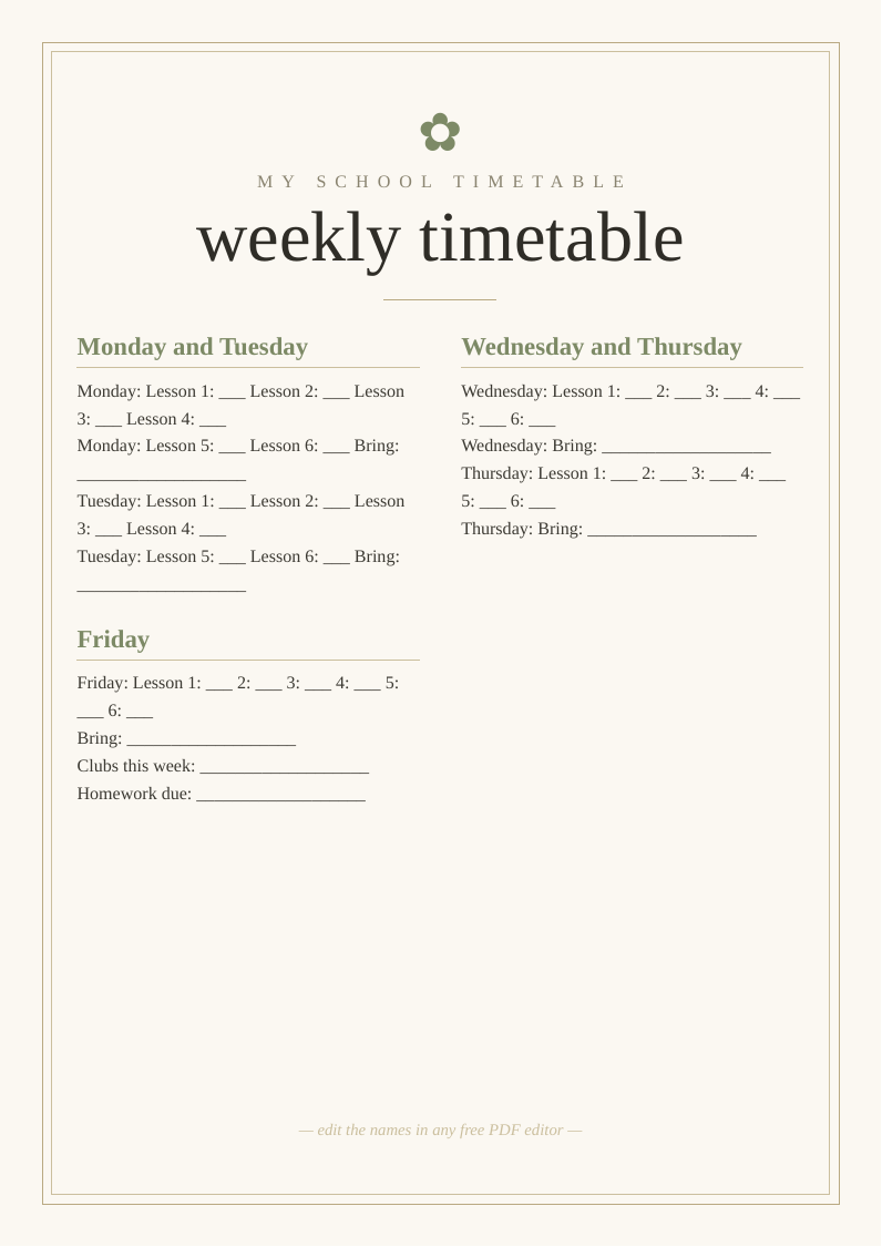 Weekly timetable for children