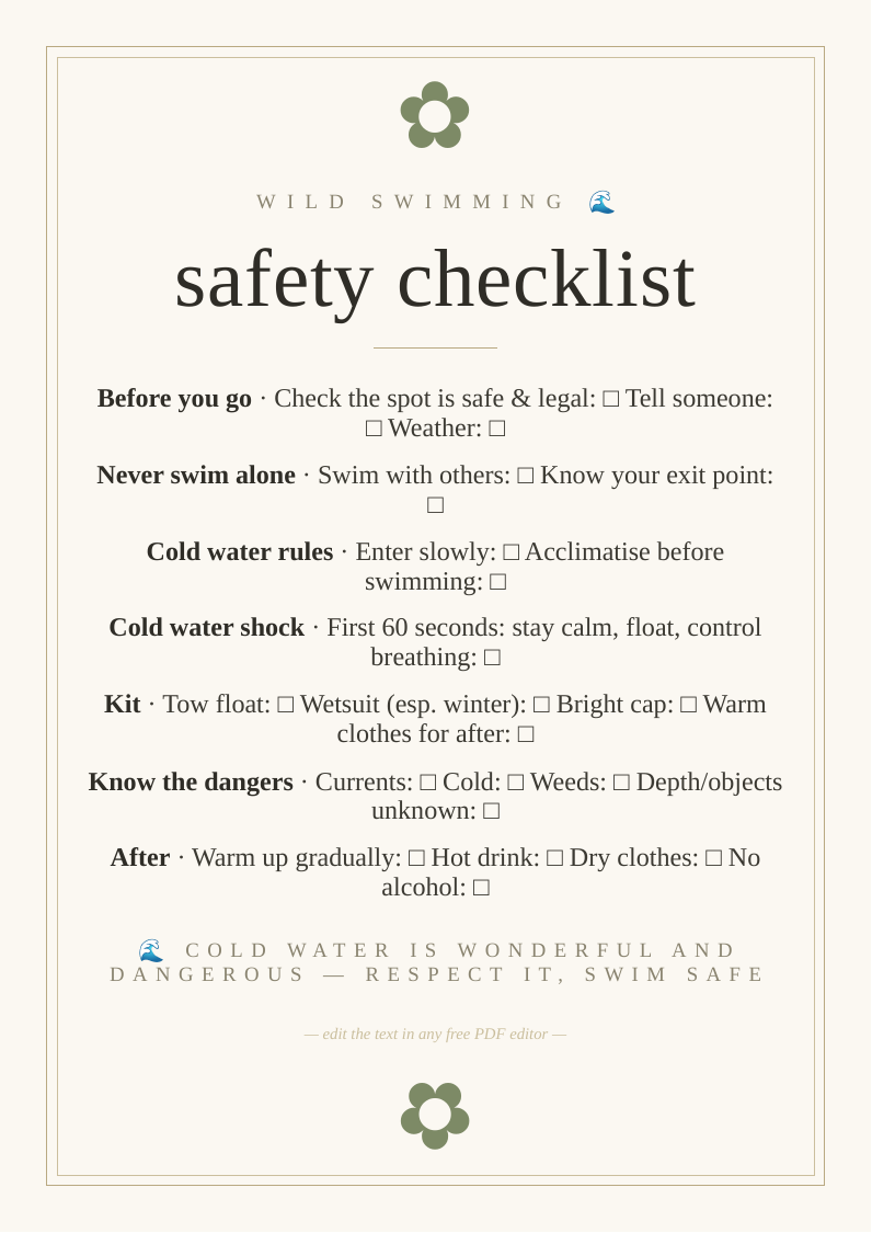 Wild swimming safety checklist