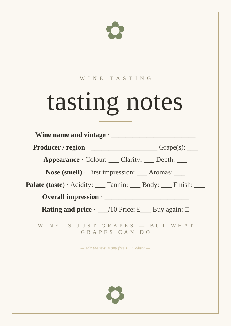 Wine tasting notes sheet