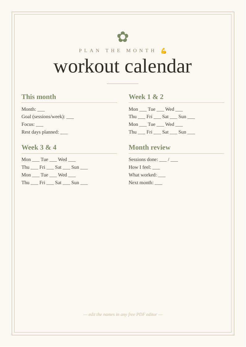 Monthly workout calendar