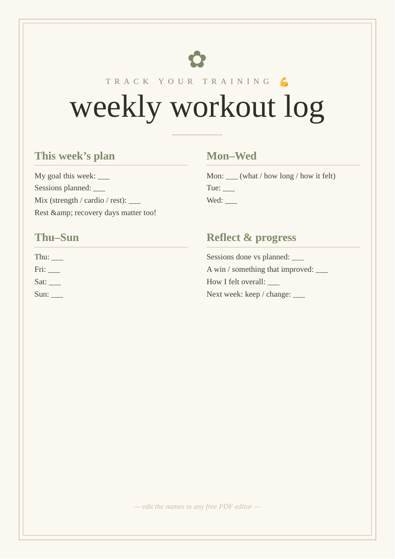 Weekly workout log