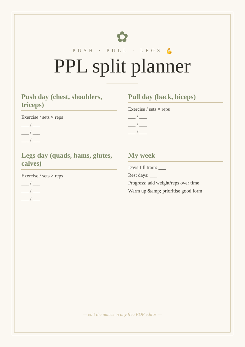 Push/pull/legs split planner