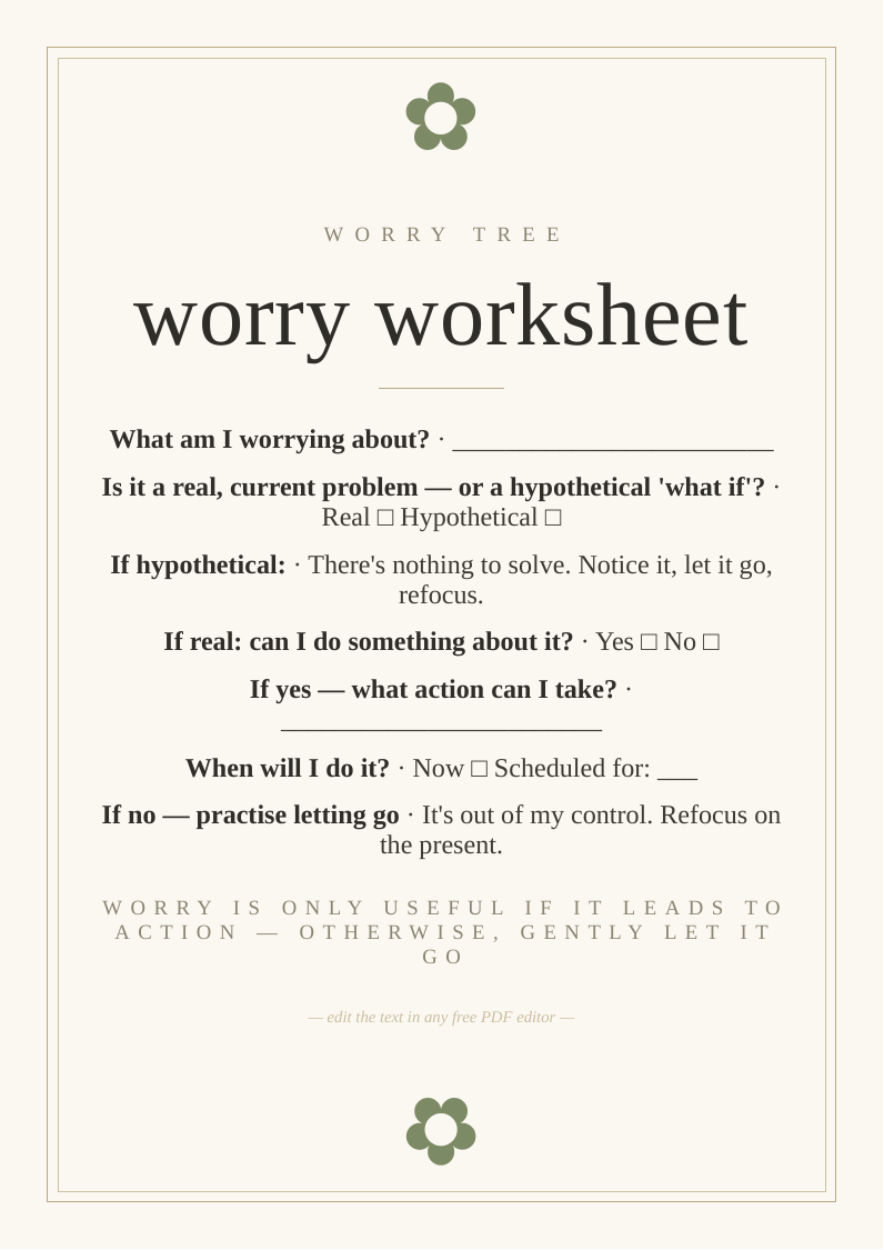 Worry tree worksheet printable CBT tool managing worry solvable action let go break cycle rumination anxiety mental health